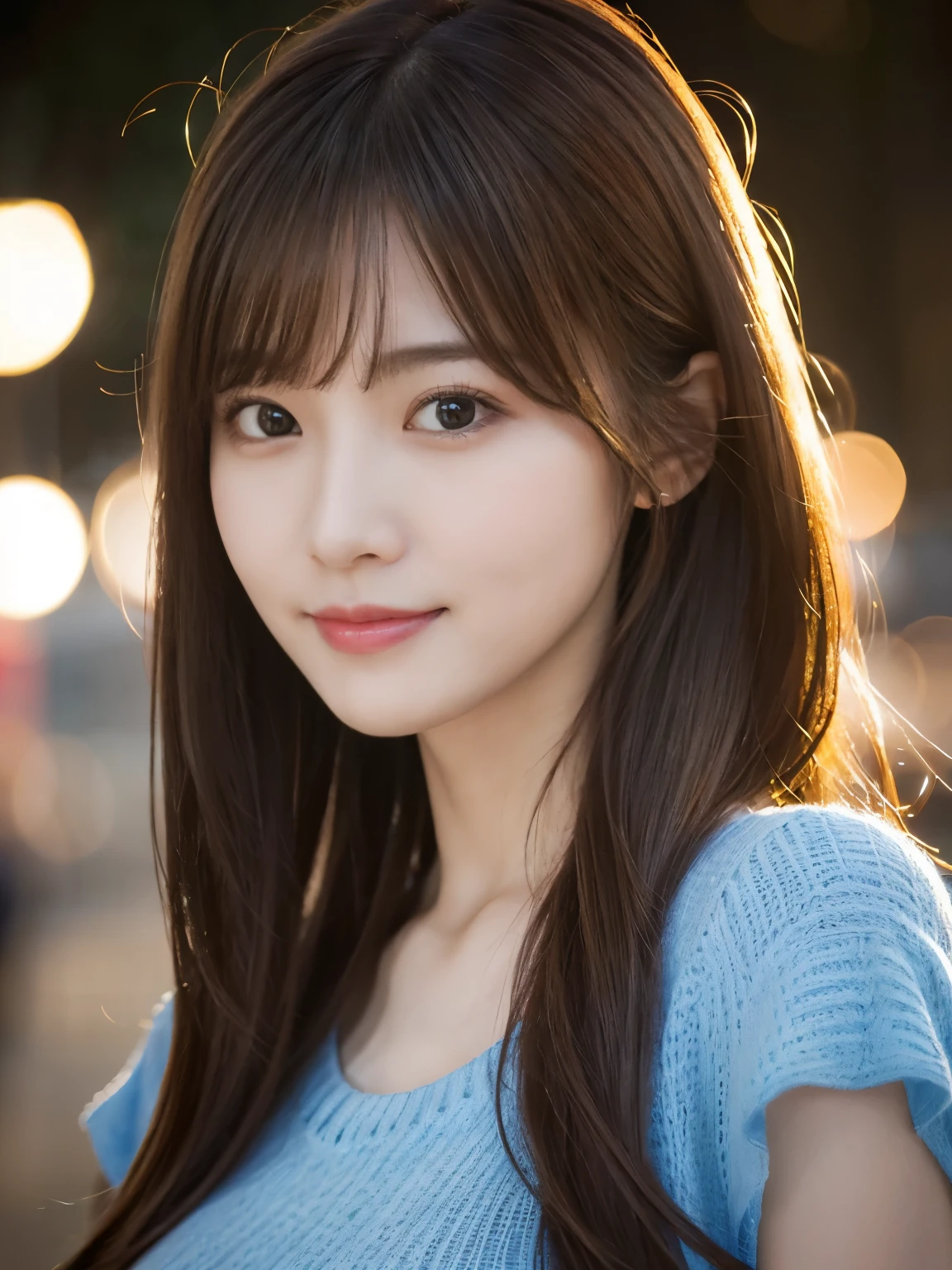 ​masterpiece, 1 beautiful girl, A detailed eye, Puffy eyes, top-quality, 超A high resolution, (Realistic : 1.4), cinematic lighting, Japanese, Asian Beauty, Super beauty, Beautiful skin, A slender, The body facing forward, (A hyper-realistic), (high resolution), (8K), (high detailed), (beautifully detailed eyes), (ultra-detail), (wall-paper)、A detailed face, Bright lighting, professional lighting, at view-art, Facing straight ahead, (The costume a blue knitted dress), Long hair, hair messy, asymmetrical bangs, nighttime scene, Brown hair, Japan idle, Korean Idol, posing Gravure Idol, age23, tall, smile, sunset flower park scene, (Body posture facing the camera),
