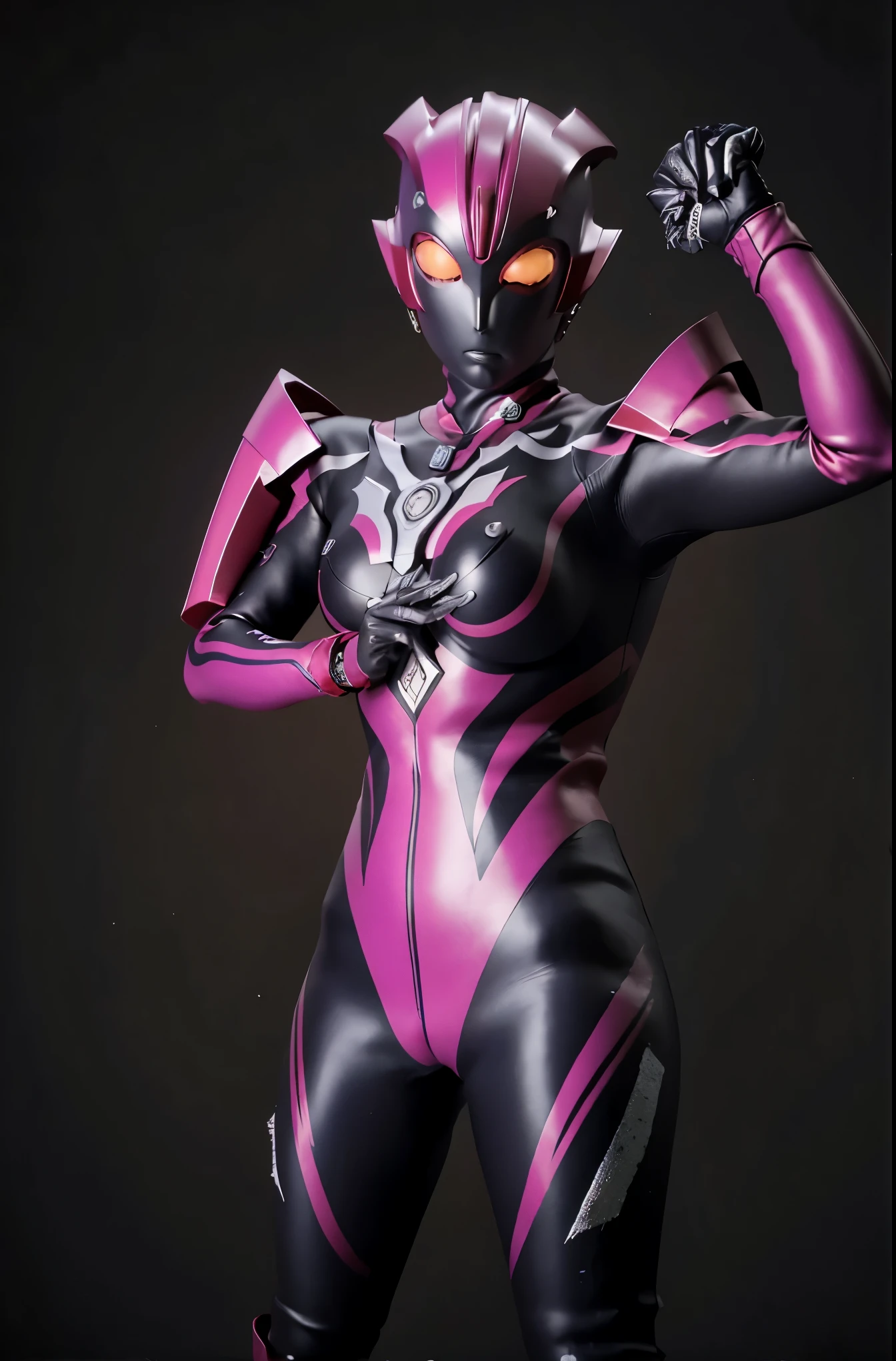 Ultraman Woman. （high quality）（luster）（Black and Pink thema color）（Black helmet. Black mask）women only. The whole body is covered with a black bodysuit. Spike decoration. Pink lines all over the body. purple coloreye. pink glow crystal. pink sharp claw. Place your hands next to your head. Emphasize the belly button. dark background. 