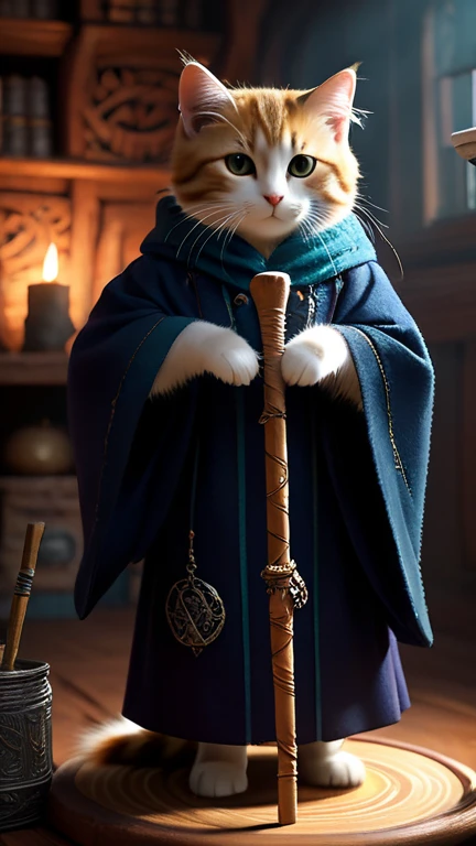 A fascinating image,Depicts a cute kitty wizard,Wearing a complicated robe, Holding an ancient walking stick, Hard at work in her fantastic studio, Complex runic symbols swirl around her, Apparently she was busy casting a powerful spell.. As she focuses on the task at hand,Her fluffy tail flicks gently, Adding a wonderful atmosphere to this magical scene. Soft lighting and detailed environments create an immersive environment,Let your imagination run wild. This charming artwork is sure to delight fans of kittens and fantasy worlds alike, Bringing them into a realm of wonder and possibility, Ultra Detailed, High-quality visuals, Dim Lights, Surreal, Highly concentrated, Octane Rendering, 8k ultra high definition
