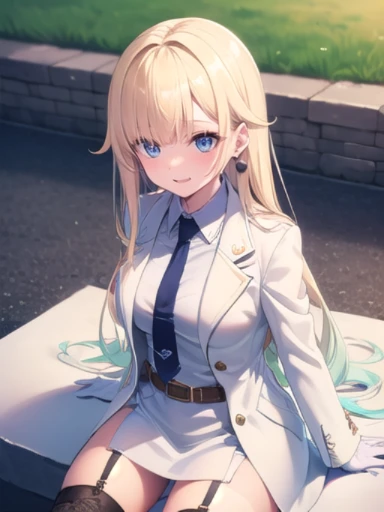 (masterpiece:1.3),((High resolution)),((high quality)),((Super detailed))、One Girl、Perfect balance、Perfect Face、Detailed face、Cute face、Beautiful detailed eyes、Expressive eyes、Cute eyes、Shining Eyes、Perfect body、Beautiful body、Emma Aizawa、Long Hair、Gradient Hair、hair band、Earrings、Blue tie、Collared shirt、((White Dress))、((White coat))、Armband、Long sleeve、Black gloves、Black Belt、Garter Straps、(Black knee socks)、Cowboy Shot、smile、Outdoor、Closed Mouth、blush、girl sitting、From above、nsfw
