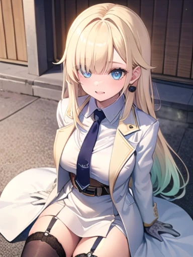 (masterpiece:1.3),((High resolution)),((high quality)),((Super detailed))、One Girl、Perfect balance、Perfect Face、Detailed face、Cute face、Beautiful detailed eyes、Expressive eyes、Cute eyes、Shining Eyes、Perfect body、Beautiful body、Emma Aizawa、Long Hair、Gradient Hair、hair band、Earrings、Blue tie、Collared shirt、((White Dress))、((White coat))、Armband、Long sleeve、Black gloves、Black Belt、Garter Straps、(Black knee socks)、Cowboy Shot、smile、Outdoor、Closed Mouth、blush、girl sitting、From above、nsfw