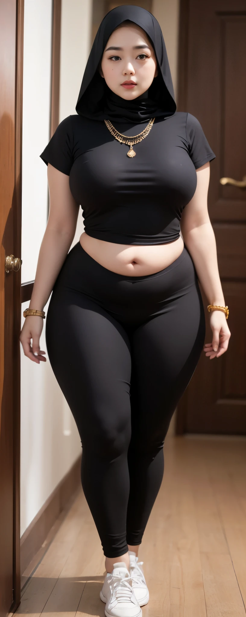 ((best quality)), ((masterpiece)), (detailed), perfect face, araffe woman thick and thight long pants posing for a picture, curvy model,, curvy hourglass figure, sexy longest hand t-shirt, thicc, beautiful full body shot, soft curvy shape, in a longest hand t-shirt, a beautiful woman , bbwchan, , armpits, there is a old woman posing in a dark room with a maroon burka clothes , 43 years old, thick body, beautiful thick female, wide hips, thick legs, she has a jiggly fat round belly, thick thighs, curvy hourglass figure, thicc, curvy model, widest hips, hyperrealistic full figure, bbwchan, voluptuous body, thick, tattooed body, tattooed hands, hena on arm, hena in belly, Burka girl, muslim clothes, 43 years old woman. Burka chubby woman, chubby cheeks, wearing a sneakers, bob hairstyle, thick neck, short neck, there is a woman random pose red-brown hijab, bbwchan, thicc, brown hijab outfit, brown hijab fashion model, korean girl, korean woman, wearing brown robe, full length shot, alluring plus sized model, japanese goddess, clothed in hooded, voluptuous and arousing, portrait shot, curvy model, voluptuous body, wonderful, nene tanaka body , bbwchan, The overall atmosphere is smooth , haunting illustrations, extremely high-resolution details, photographic, realism pushed to extreme, fine texture, 4k, ultra-detailed, high quality, high contrast, red sneakers , cold atmosphere ,, 8k resolution , ultra-detailed resolution , wearing long thight pants, random pose with full body , full body, diamond necklace , wearing a watch , thick arm, thick cheeks , wearing a gold Bracelet
