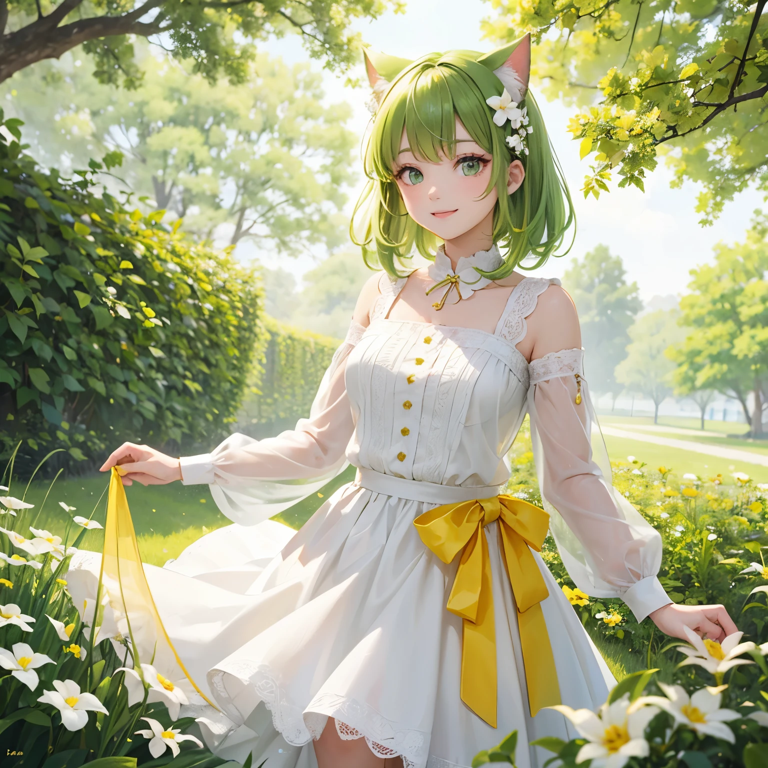 A cat wearing a bright yellow-green ribbon、Hair light yellow green、yellow-green eyes、white clothes、smile、with white flowers、grass、garden