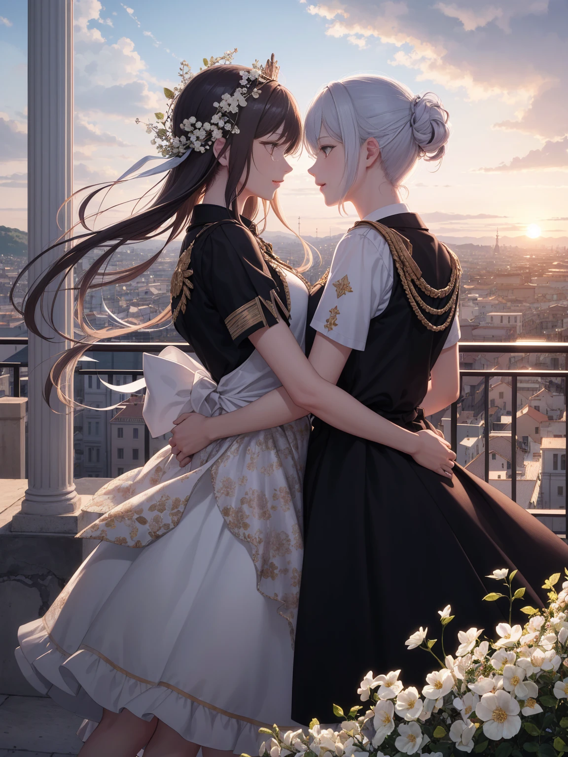 ((Highly detailed CG unity 8k wallpaper)), Roman Emperor Constantine the Great and a beautiful woman named Serdica, beloved by the Roman Emperor Constantine the Great. A happy couple. Rose、Gypsophila、Cute flowers、An eternal bond of love. Mutual affection. Pure love. romantic, sunset, back only, photorealistic The refreshing breeze of early summer.“My Rome is Serdica” amor.rome.Magnificent and lyrical. Dramatic. With admiration for Sofia, Bulgaria.epic. symphonic.dramatic , view background. urban. Super beautiful. high resolution. high quality. High resolution. digital art. Super beautiful. high resolution. high quality. High resolution. digital art.