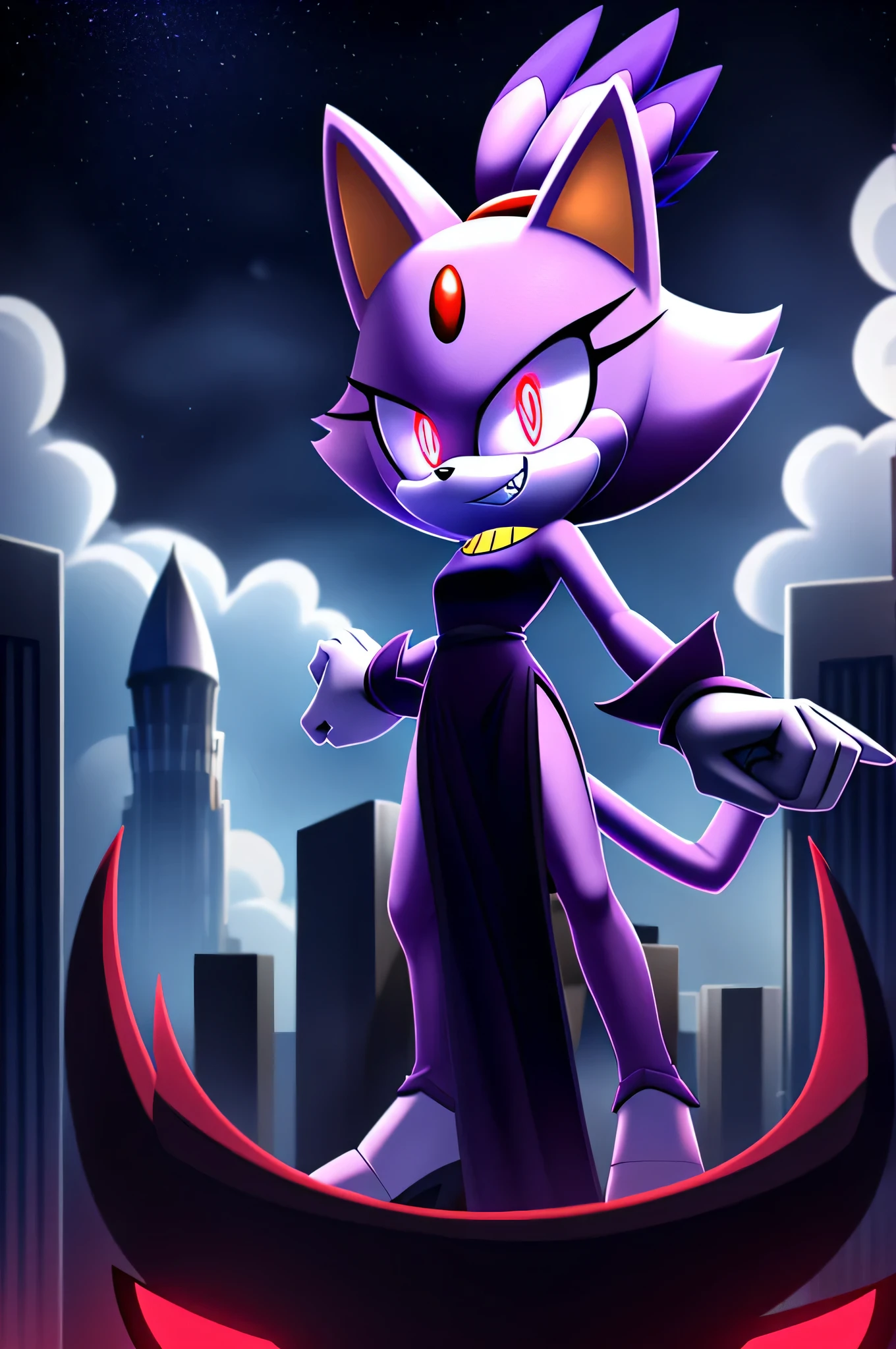 blaze the cat as a ghost demon, tall character, intimidating height, villainous stance, triumphant pose, black eyes with red glowing pupils, big evil grin, evil laughter, reveling in evil laughter, on top of a skyscraper, cloudy night, nighttime, moonlight coming through the clouds, high quality digital art