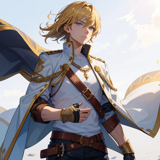 Solo, adventurer, human, male, golden hair, short hair, straight hair, high quality, detailed, perfect face, golden eyes, young, slim, sword in scabbard, high camera angle, looking at camera, white shirt, leather jacket, form fitted clothing, shorts, tall boots, belt, white background, plain background, ruby ring on right index finger, semimasculine face