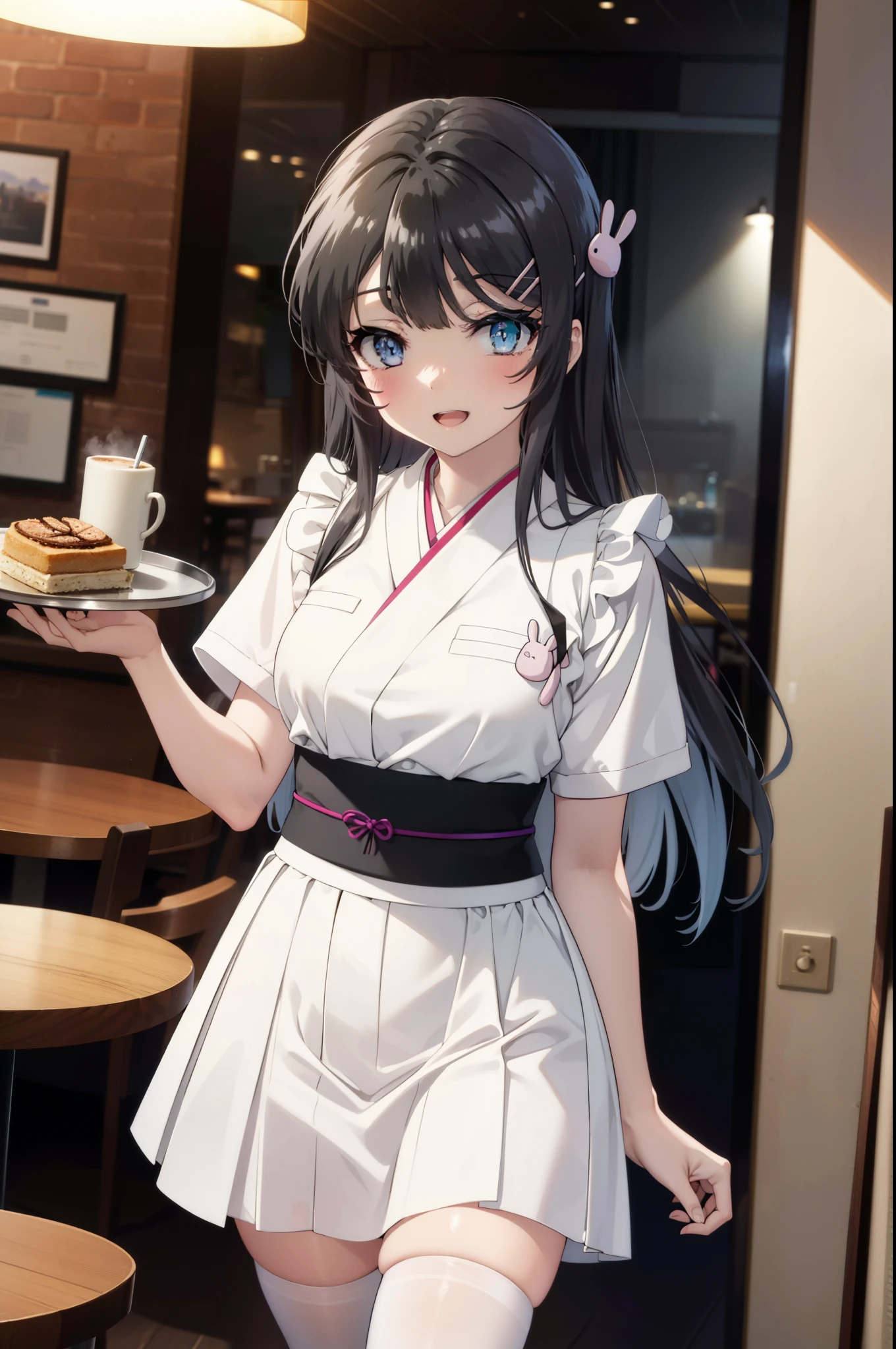 maisakurajima, Mai Sakurajima, Long Hair, bangs, (Black Hair:1.5), hair ornaments, (Purple eyes:1.1), Hair Clip, rabbit hair ornaments,
happy smile, smile, Open your mouth,blush,Idol-style white kimono,long furisode,White mini skirt,White tights,Sandals,tray, tray in one hand,A beautiful waitress with Long Hair comes to the table to take our order,It's as if your whole body is in the illustration.,Maid Headless, break looking at viewer, (Cowboy Shot:1. 5) , break indoors, coffee shop, break (masterpiece:1.2), highest quality, High resolution, unity 8k wallpaper, (shape:0.8), (Beautiful and beautiful eyes:1.6), Highly detailed face, Perfect lighting, Extremely detailed CG, (Perfect hands, Perfect Anatomy),