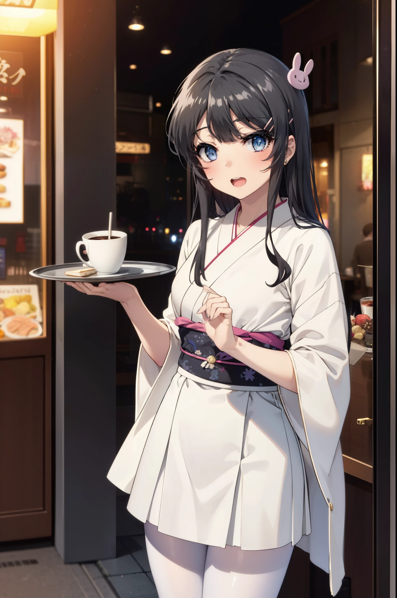 maisakurajima, Mai Sakurajima, Long Hair, bangs, (Black Hair:1.5), hair ornaments, (Purple eyes:1.1), Hair Clip, rabbit hair ornaments,
happy smile, smile, Open your mouth,blush,Idol-style white kimono,long furisode,White mini skirt,White tights,Sandals,tray, tray in one hand,A beautiful waitress with Long Hair comes to the table to take our order,It's as if your whole body is in the illustration.,Maid Headless, break looking at viewer, (Cowboy Shot:1. 5) , break indoors, coffee shop, break (masterpiece:1.2), highest quality, High resolution, unity 8k wallpaper, (shape:0.8), (Beautiful and beautiful eyes:1.6), Highly detailed face, Perfect lighting, Extremely detailed CG, (Perfect hands, Perfect Anatomy),