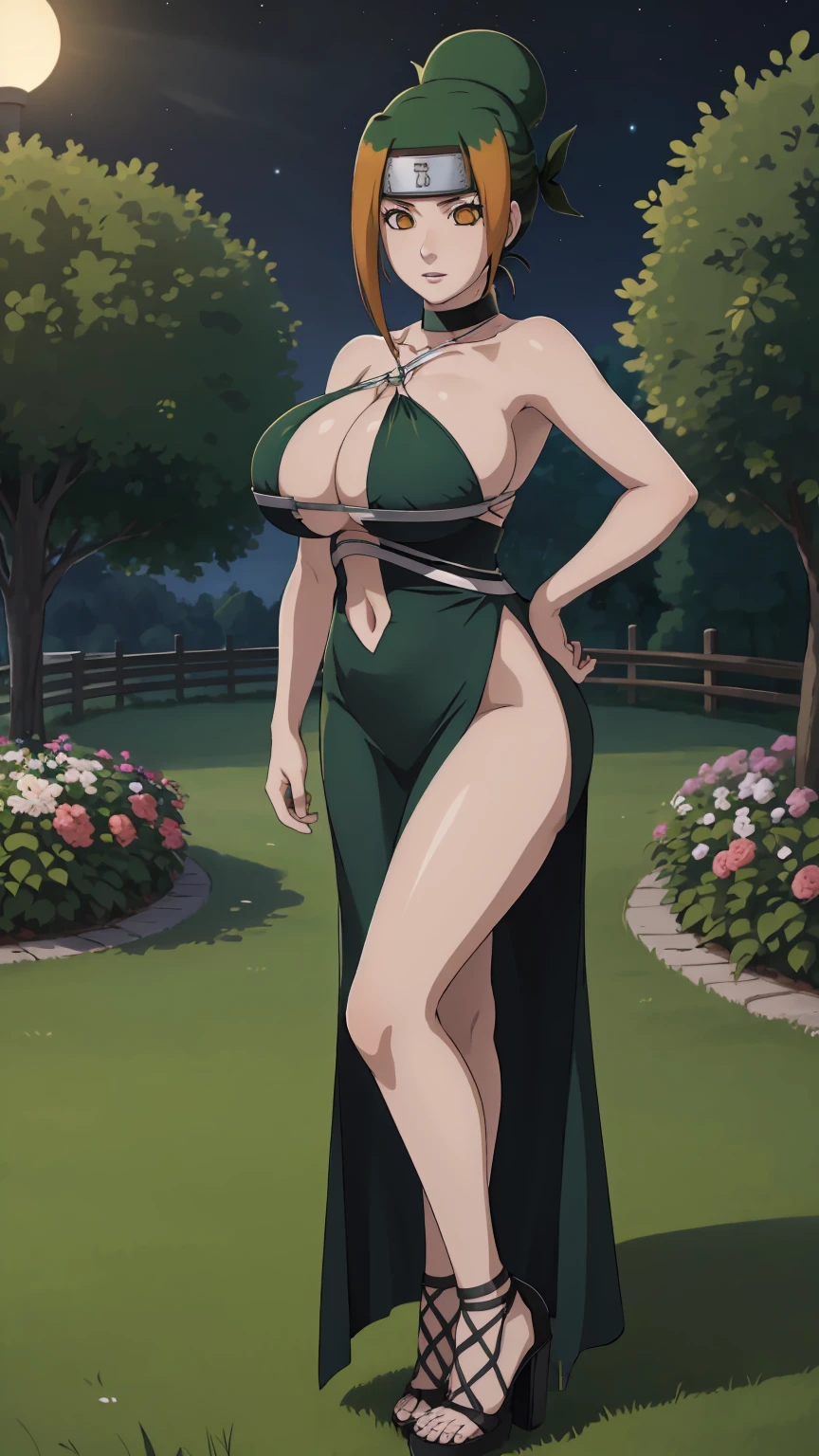 masterpiece, ultra high-quality, extremely detail 8k cg, high resolution, 1girl, pakura, green hair, orange eyes, thin body, huge breasts, bursting breasts, evening gown, halterneck, criss-cross halter, high heels, choker, beautiful face, outdoors, garden, night time, full shot photo, full body