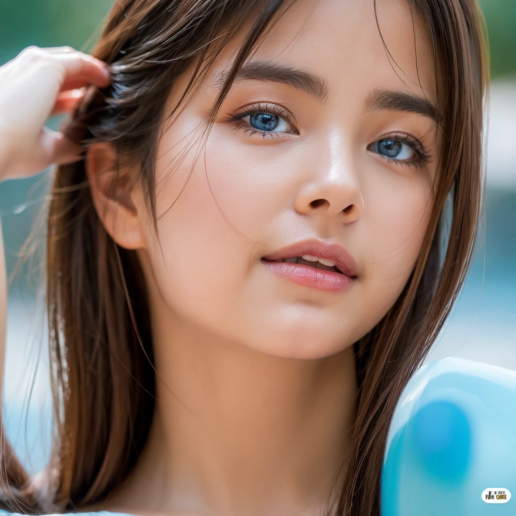 enfoque facial, loco por el amor, 14 years old , vestido de verano con volantes, Chica escandinava rubia extremadamente hermosa, Absolutamente hermoso, beautiful shiny super long hair, liso, rubio y sedoso、flequillo rubio encima de los ojos、pelo rubio encima de un ojo、rubia entre los ojos、Hay un escote en el pecho., arm behind head, Bajo contraste, (shy and bright look:0.8), coletero para el cabello, mejor calidad, Ultra high resolution, foto realista, super detailed, 8k, foto cruda, perfect anatomy、muy hermoso, brillante, Ojos grandes de color azul claro muy brillantes.、ojos muy grandes、small face beauty