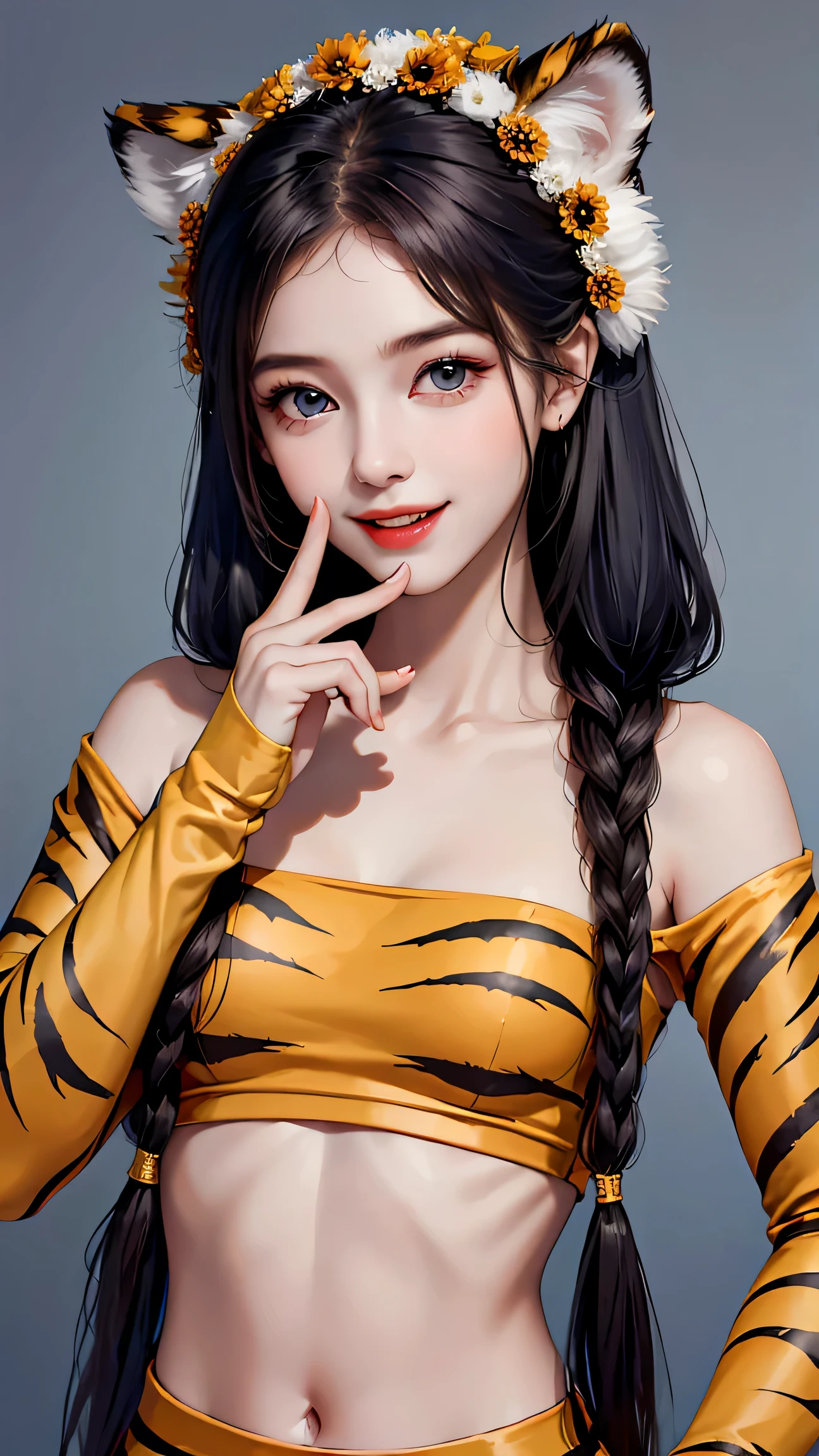 ((highest quality, 8k, masterpiece: 1.3)), ((One girl:1.5)), The beauty of slim abs: 1.3, Casual Hairstyles, (blue long group: 1.5), Very beautiful face, Delicate eyes, double eyelid, smile, (Showing the tiger&#39;s fangs: 1.2), Dancing