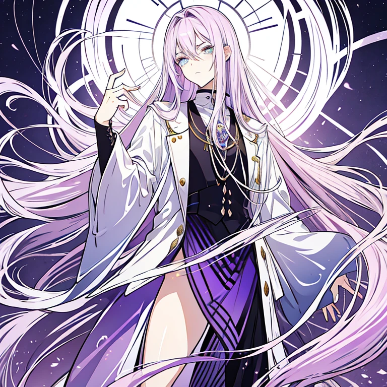 Androgynous guy with very long lilac gradient hair and amber eyes looking unimpressed.