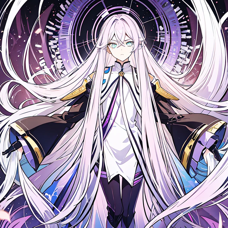 Androgynous guy with very long lilac gradient hair and amber eyes looking unimpressed.