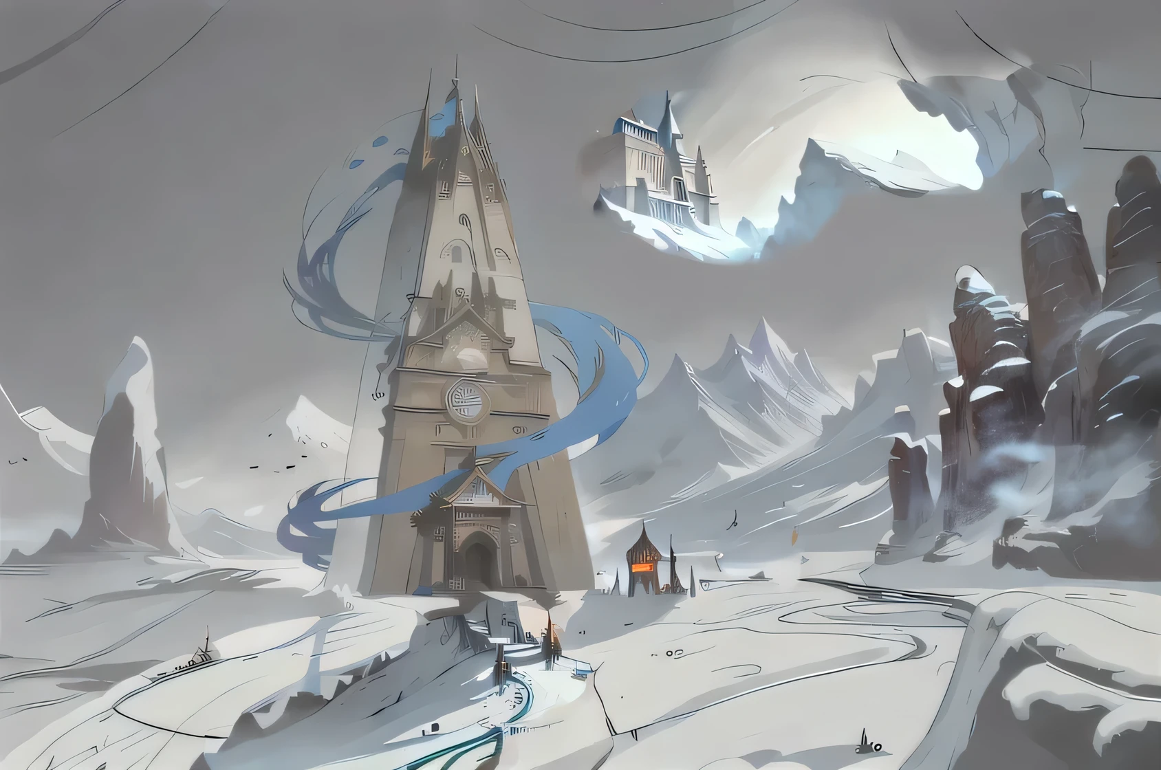 there is a painting,The painting shows a tower in the middle of a snowy landscape, mage tower in the distance,Technique, Concept ArtTechnique for a video game, Concept ArtTechnique,anime, anime style, ray tracing, drop shadow, UHD, retina, best quality, highres, ccurate