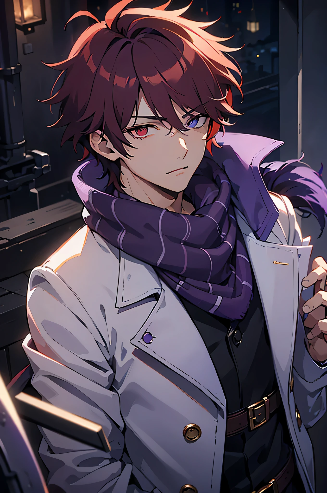 1boy, man, handsome, short hair, red hair, messy hair, heterochromia, red right eye, purple left eye, black and purple coat, purple scarf