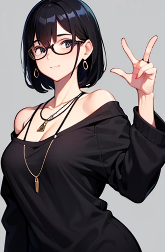 Glasses,Black Hair,Shortcuts,whole body,No background,No sleeve,Earrings,necklace