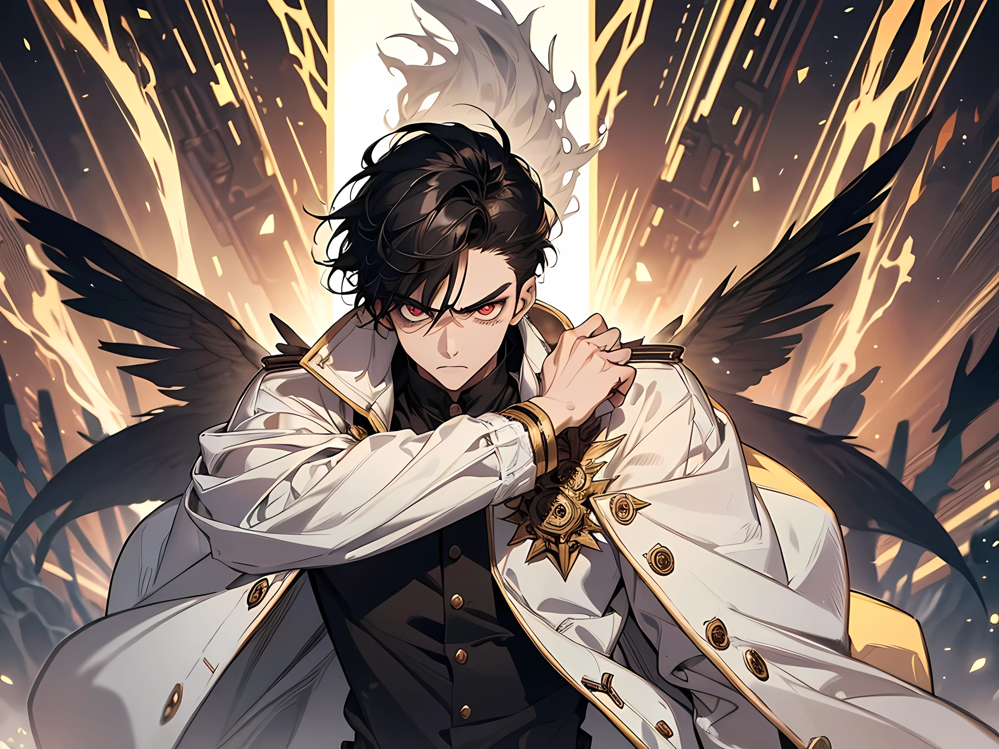 1 teenager boy slaughtering multiple gods in another dimension , white and golden jacket , angry , black hair, eyes finely detailed, extremely detailed eyes