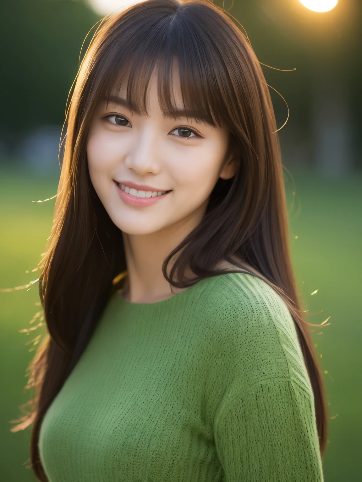 Masterpiece, 1 beautiful girl, A detailed eye, Puffy eyes, top-quality, high resolution, (Realistic : 1.4), cinematic lighting, Japanese, Asian Beauty, Super beauty, Beautiful skin, A slender, The body facing forward, (hyper-realistic), (high resolution), (8K), (high detailed), (beautifully detailed eyes), (ultra-detail), (wall-paper)、A detailed face, Bright lighting, professional lighting, at view-art, (Facing straight ahead), (The costume a knitted dress), Long hair, hair messy, asymmetrical bangs, nighttime scene, Brown hair, Japan idle, Korean Idol, posing Gravure Idol, age23, tall, smile, afternoon green park scene, (Body posture facing the camera : 1.4),