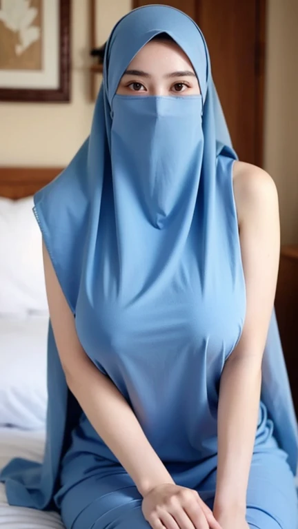  a beautiful young woman hijab, (((super big breast))), (very big breast covered),Large open neckline、thigh legs, perfect face, (((very huge big breast,))), curvy shaped body, 
cleavages,((( Gigantic Breast))) long sleeveless dress muslim, (((covering mouth, long veil))), ((Big big breasts))、large open neckline, Slim Face、20 years old, stil young, Pretty Lady,  smile eyes, bedroom, sitting, (big breast) , see full image