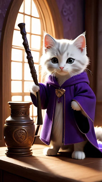 A fascinating image,Depicts a cute purple kitten wizard,Wearing a complicated robe, Holding an ancient walking stick, Hard at work in her fantastic studio, Complex runic symbols swirl around her, Apparently she was busy casting a powerful spell.. As she focuses on the task at hand,Her fluffy tail flicks gently, Adding a wonderful atmosphere to this magical scene. Soft lighting and detailed environments create an immersive environment,Let your imagination run wild. This charming artwork is sure to delight fans of kittens and fantasy worlds alike, Bringing them into a realm of wonder and possibility, Ultra Detailed, High-quality visuals, Dim Lights, Surreal, Highly concentrated, Octane Rendering, 8k ultra high definition