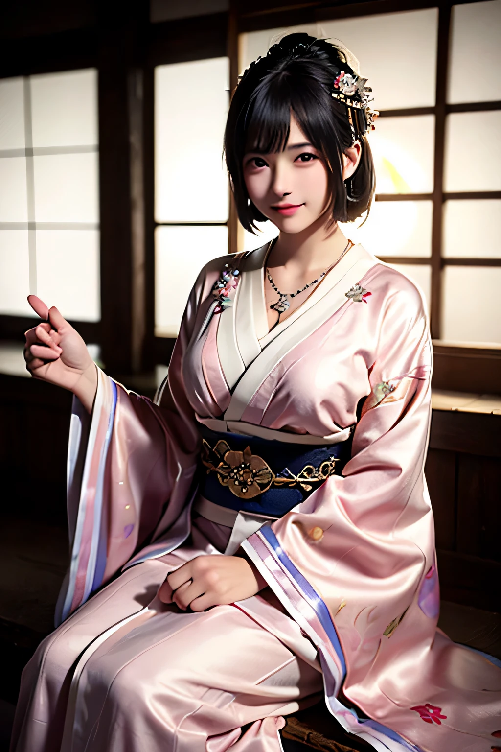 最high quality,masterpiece,High resolution,One girl,blush,(Captivating smile:0.8),Star-shaped pupils,kimono,Japanese clothing,hair ornaments,necklace,jewelry,Beautiful Face,On top of that_body,Tyndall effect,Realistic,dark studio,Rim Light,two tone lighting,(Skin with attention to detail:1.2),8K Ultra HD,Digital SLR,Soft lighting,high quality,Volumetric lighting,Frank,photograph,High resolution,4K,8k,Bokeh,spiritual,