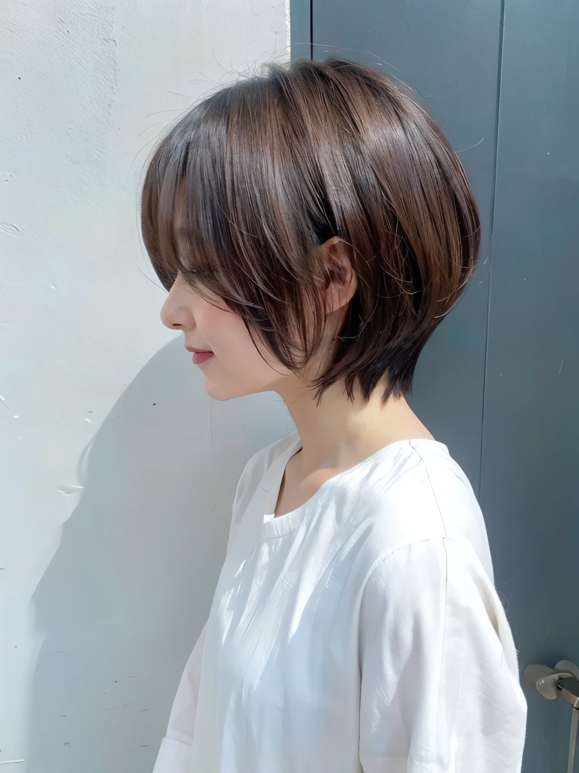 Tabletop、(8K、Raw photo、highest quality、masterpiece:1.2)、face down、Look down、White wall、In front of the white door、Light blue long sleeve dress Beautiful shiny hair、High-definition RAW color photos、Professional photos、(Realistic、photo Realistic:1.37)、Photographed in natural light、1 girl、Laughter、いろいろA pose、break (Ombre:1.3) 、Spring Clothes、Simple Necklace、(Beautiful profile:1.3)、Don'Don't look at the camera、profile、((Hair color is dark brown))、Shortcuts、Short Hair、short hair、fluffy hair、Mr.々A pose