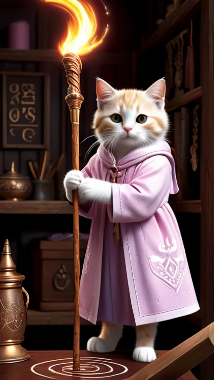 A fascinating image,Depicts a cute pink kitty wizard,Wearing a complicated robe, Holding an ancient walking stick, Hard at work in her fantastic studio, Complex runic symbols swirl around her, Apparently she was busy casting a powerful spell.. As she focuses on the task at hand,Her fluffy tail flicks gently, Adding a wonderful atmosphere to this magical scene. Soft lighting and detailed environments create an immersive environment,Let your imagination run wild. This charming artwork is sure to delight fans of kittens and fantasy worlds alike, Bringing them into a realm of wonder and possibility, Ultra Detailed, High-quality visuals, Dim Lights, Surreal, Highly concentrated, Octane Rendering, 8k ultra high definition