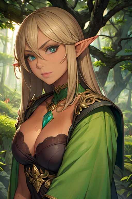 Tan skin, elf, Forest armor, glaring at viewer, tree village,