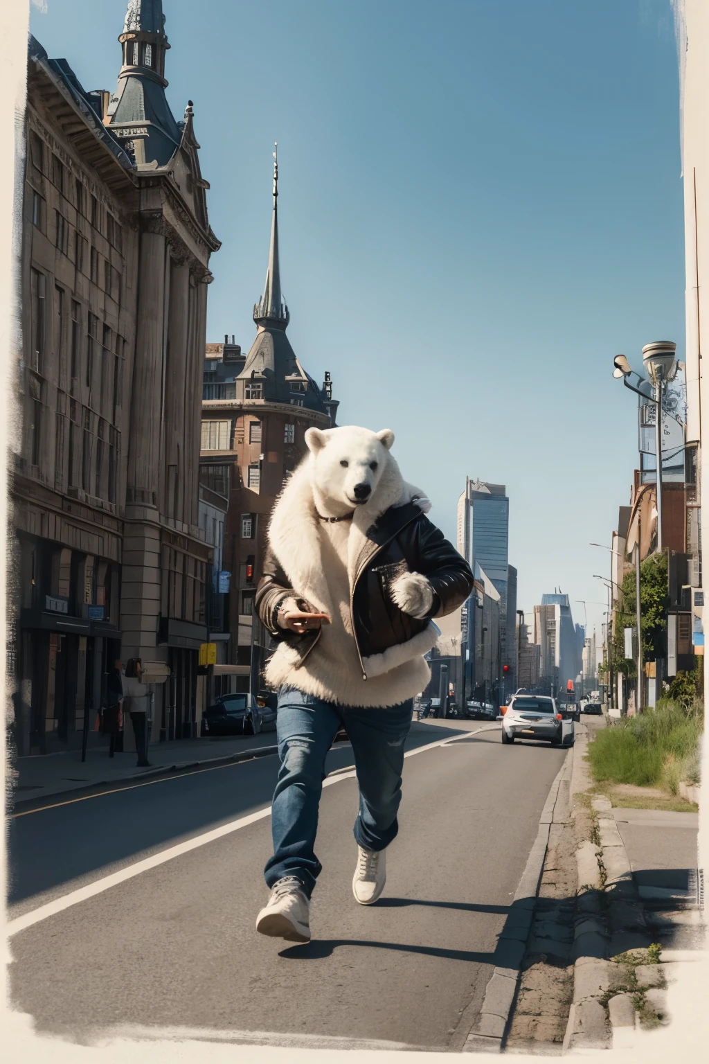 realism, dark fantasy style, john tolkien style, Small painting by Jean-Baptiste Monge, Furry polar bear boy, Looks like a polar bear boy, Wearing a black short leather jacket....., jeans, Backpack in claws, Running along the road, Safari, City, Big cities, City trail, big house, Glass skyscraper Jean-Baptiste Monge, Anthropomorphism --ar 2:3 --testp – optimistic;