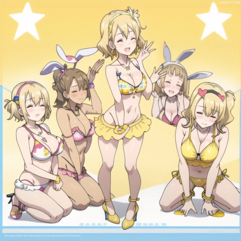 Wear your yellow bikini bunny suit outfit 6 nodoka circle hoop earrings heart cross shaped necklace short hair headband sexy heels shoes dancer hot boob panty close your eyes smile sex bend your knees legs 2 hand Dancing sex shower fingering down on the pussy penis