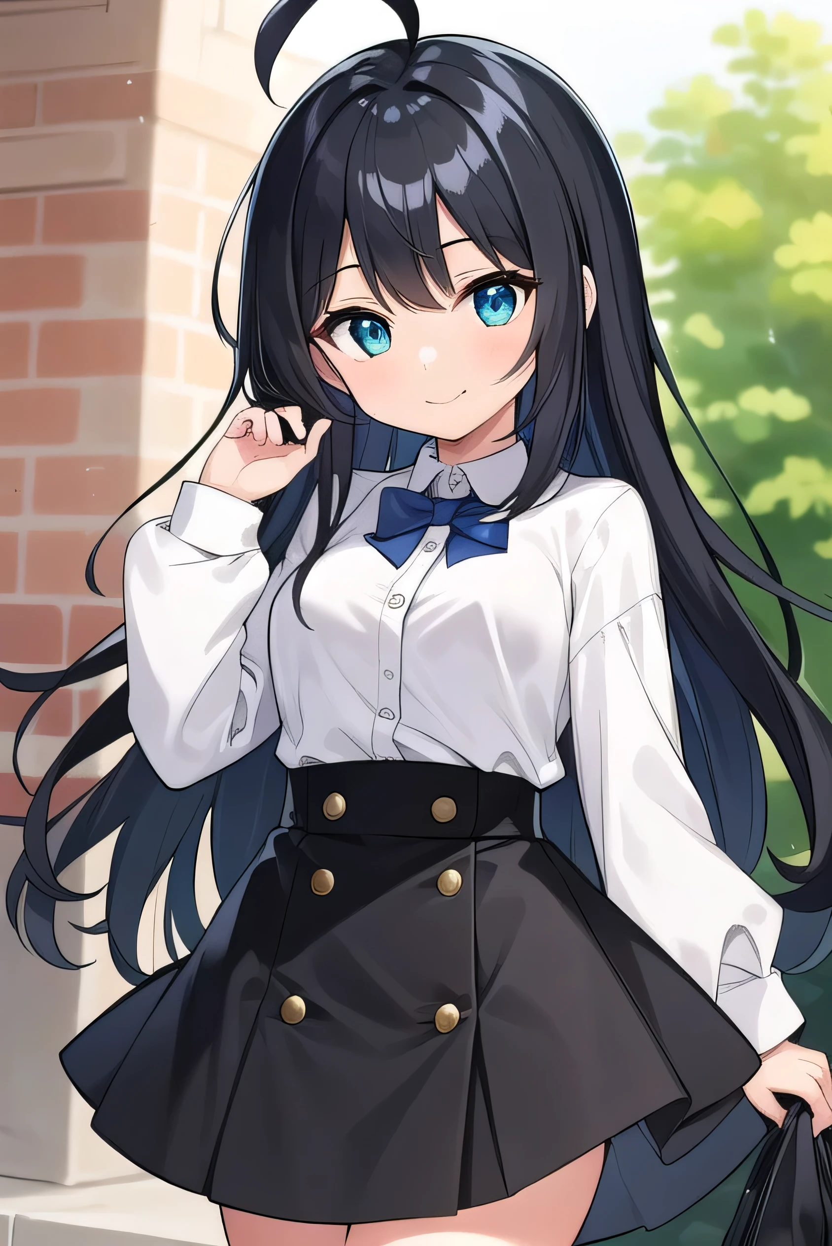 Junior high school student who looks like an elementary school student, 14 years old, very short, 140cm tall, black hair with a slight green tinge, short ahoge, beautiful long hair but with a little hair sticking out, beautiful round eyes, blue eyes, smile, boyish, long sleeves , thick clothes, skirt, big breasts, hair longer than waist, long hair, young face, dark greenish black hair, gentle smile, a little shy, skirt is black, hair is black but has a slight green tinge, boyish and gentle smile I have.