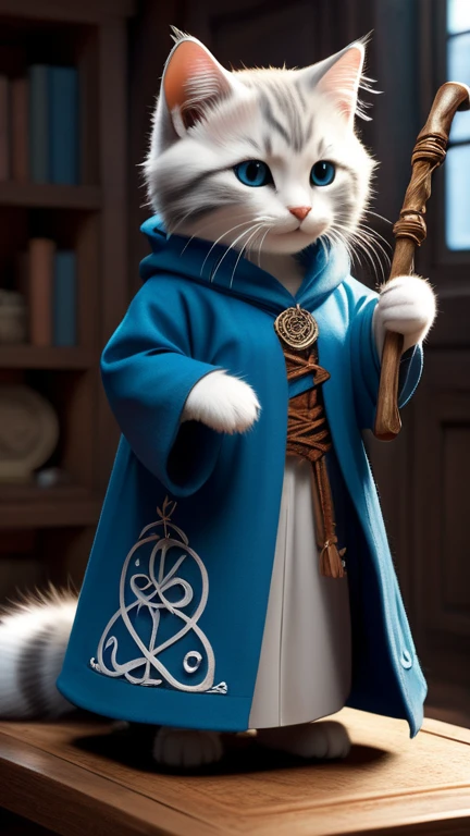 A fascinating image,Depicts a cute blue kitty wizard,Wearing a complicated robe, Holding an ancient walking stick, Hard at work in her fantastic studio, Complex runic symbols swirl around her, Apparently she was busy casting a powerful spell.. As she focuses on the task at hand,Her fluffy tail flicks gently, Adding a wonderful atmosphere to this magical scene. Soft lighting and detailed environments create an immersive environment,Let your imagination run wild. This charming artwork is sure to delight fans of kittens and fantasy worlds alike, Bringing them into a realm of wonder and possibility, Ultra Detailed, High-quality visuals, Dim Lights, Surreal, Highly concentrated, Octane Rendering, 8k ultra high definition