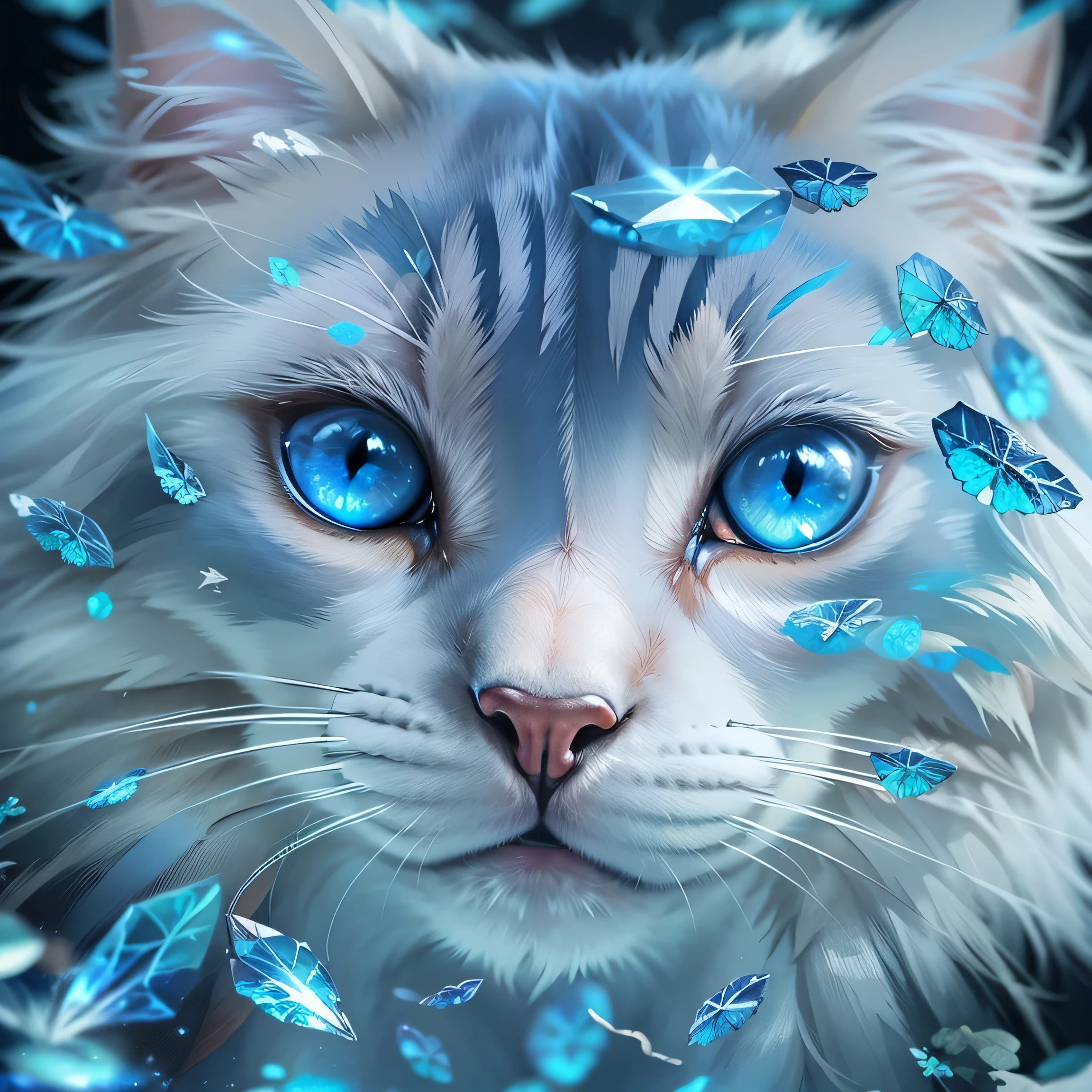 There is a cat with blue eyes and a chain around its neck., blue shining eyes, beautiful Glowing blue eyes, blue shining eyes, Shining blue eyes, Glowing blue eyes, Shining blue eyes, Blue reflective eyes, cute eyes of dream animals, Crystal Blue Eyes, ice blue eyes, Shining blue eyes, blue eyes, Beautiful and shining eyes