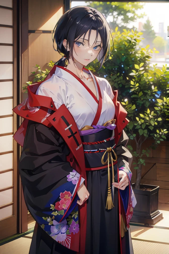 one person、solo、Facing the viewer head-on、Whole body shot、indoor、tatami、dojo、Woman dressed as a man、Good looking woman、Butch、long hair、Black Hair、Black hair、Knot、Iris、20-year-old、Wearing blue hakama、Kimono、sword on waist、arms folded、4k、（Masterpiece）、（（Detailed））