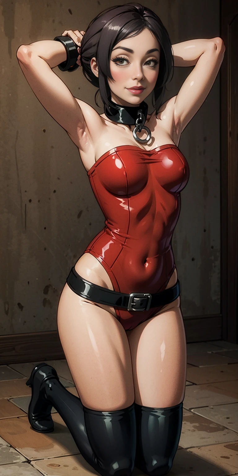 Latex girl lustful smirking smile red blush red cheeks, chain leash, hands behind the head, kneeling, shackles, leather black collar slave, pigtail hair