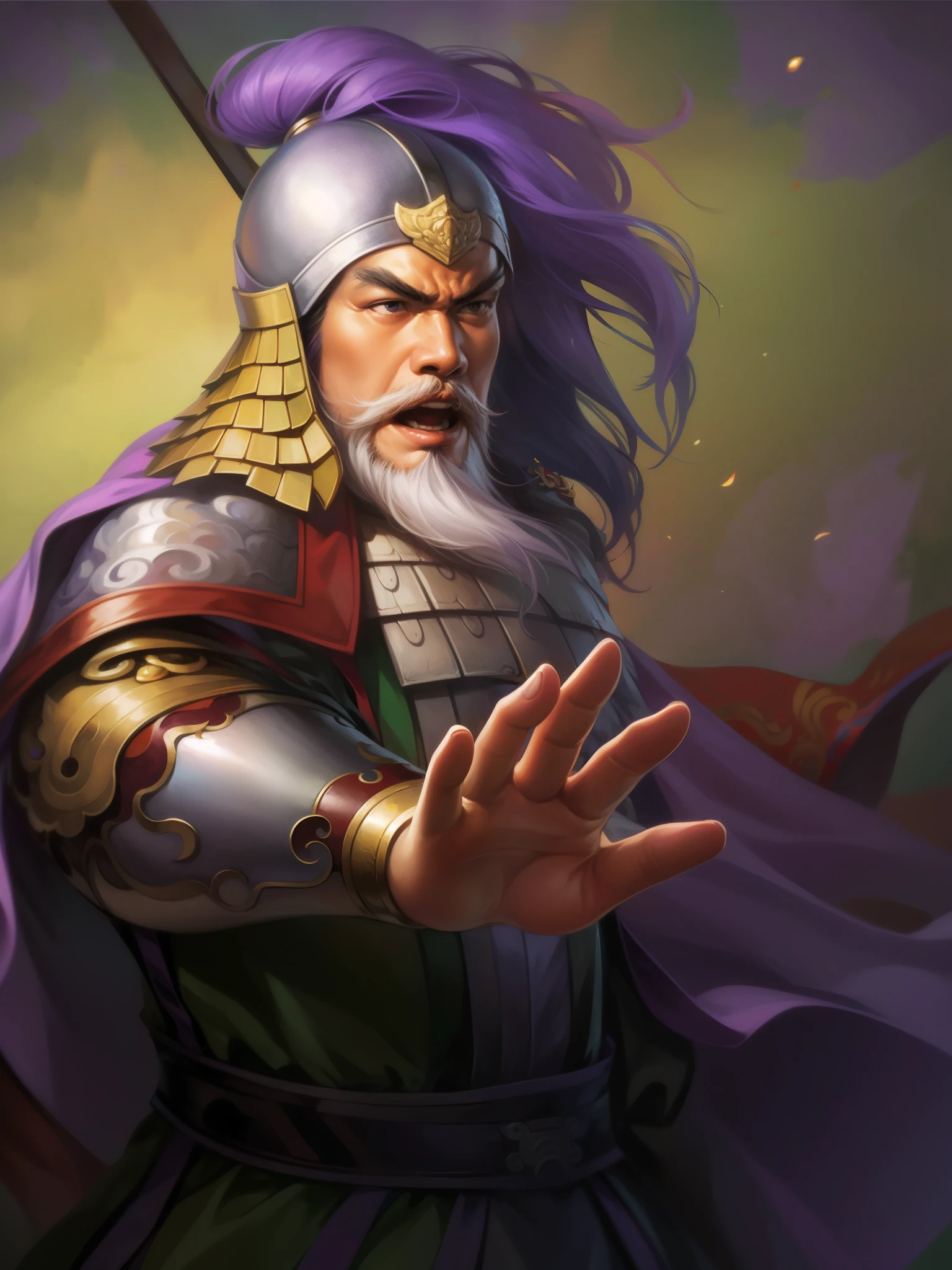 Close-up of a purple-haired man holding a sword, guan yu, Inspired by Hu Zaobin, bian lian, Inspired by Huang Shen, feng shu, Inspired by Li Kan, , hua cheng, Inspired by Wu Bin, Inspired by Li Cheng, Inspired by Shen Zhou, China Three Kingdoms, from three kingdoms