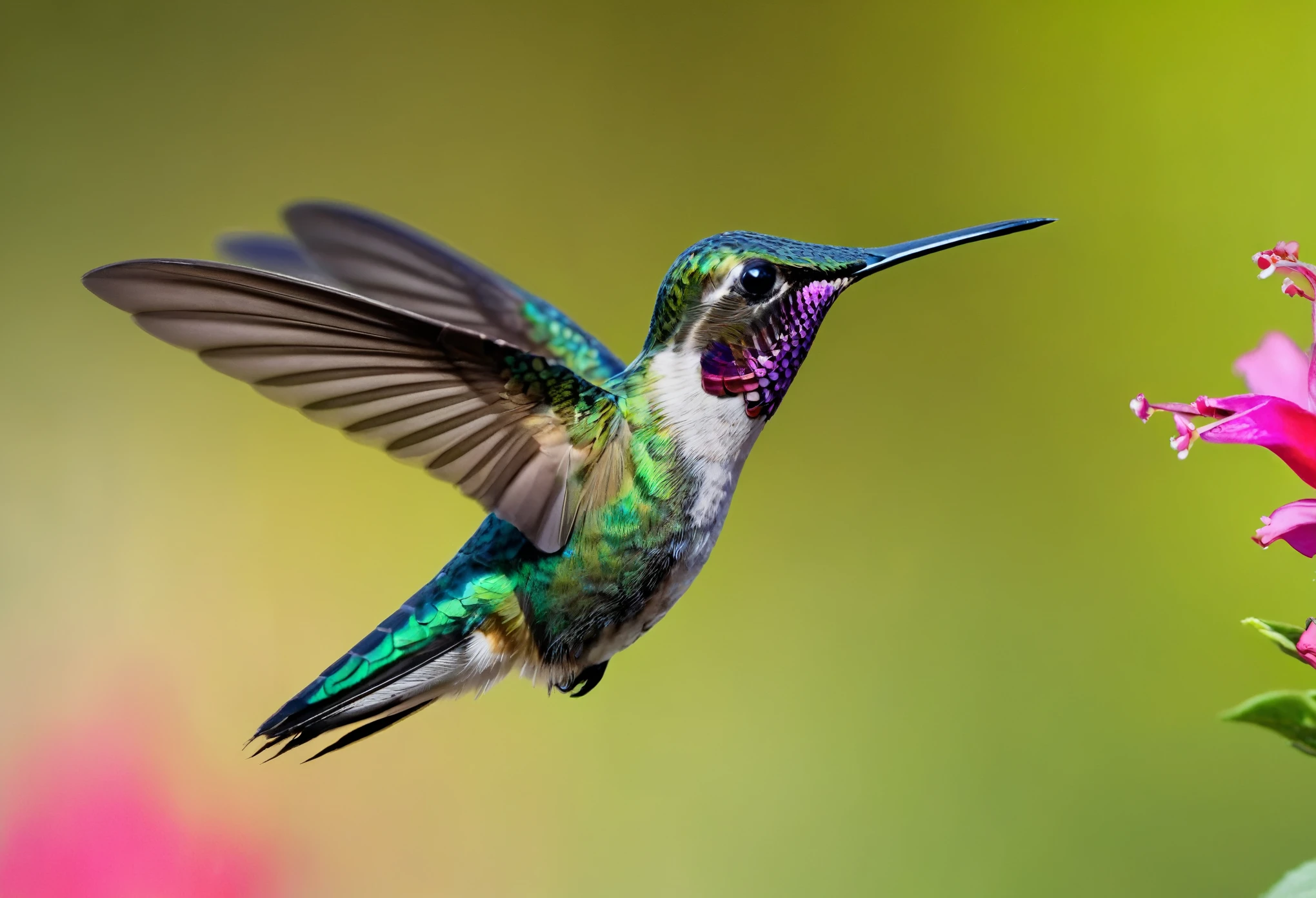 (best quality,ultra-detailed,professional:1.2),minimalist,photography,hummingbird,natural lighting,vivid colors,macro lens,floating,tiny creature,delicate details,feathers,hovering,wings beating softly,green foliage,bright flowers,sharp focus,fast movement,capturing the moment,abstract background,masterpiece:1.2