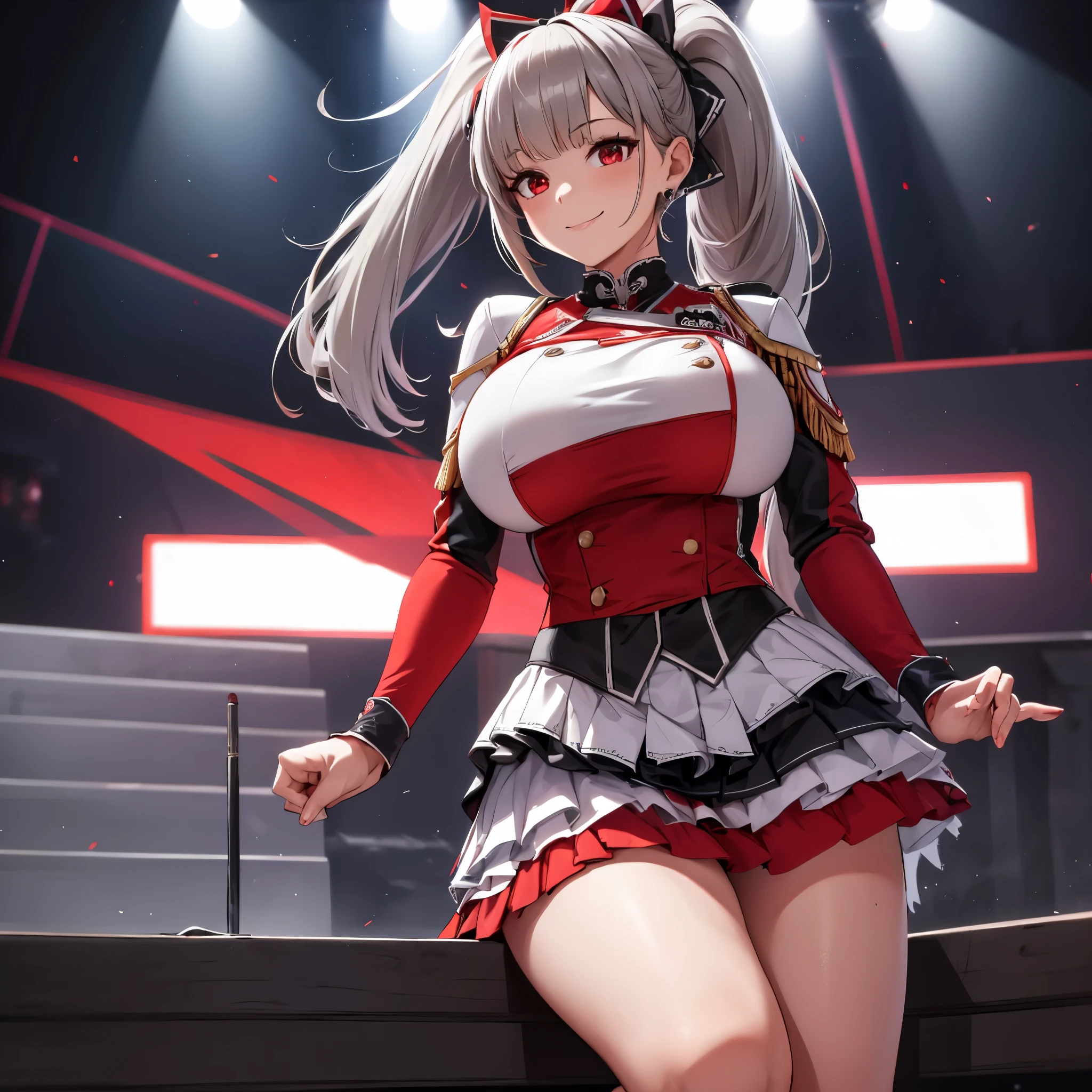 A woman wearing a gray idol uniform with red details, short skirt, black women's long socks, big breasts, smiling, long gray hair, ponytail hair, red eyes, on an idol music stage with red, white, orange lights, HDR, ultra resolution, well defined, masterpiece, 8K HD. (solo woman)
