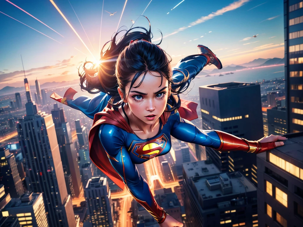 (best quality,4k,8k,highres,masterpiece:1.2),ultra-detailed,(realistic,photorealistic,photo-realistic:1.37),supergirl flying through the sky with motion blur, vibrant colors, dynamic lighting, 3D rendered artwork, vividly painted, superhero, cape flowing in the wind, powerful stance, cityscape backdrop, intense blue skies, motion trails, soaring high above the buildings, speeding towards a distant horizon, dramatic perspective, heroic silhouette, glowing energy radiating from her hands, determination in her eyes, focused expression, optimistic and invincible.