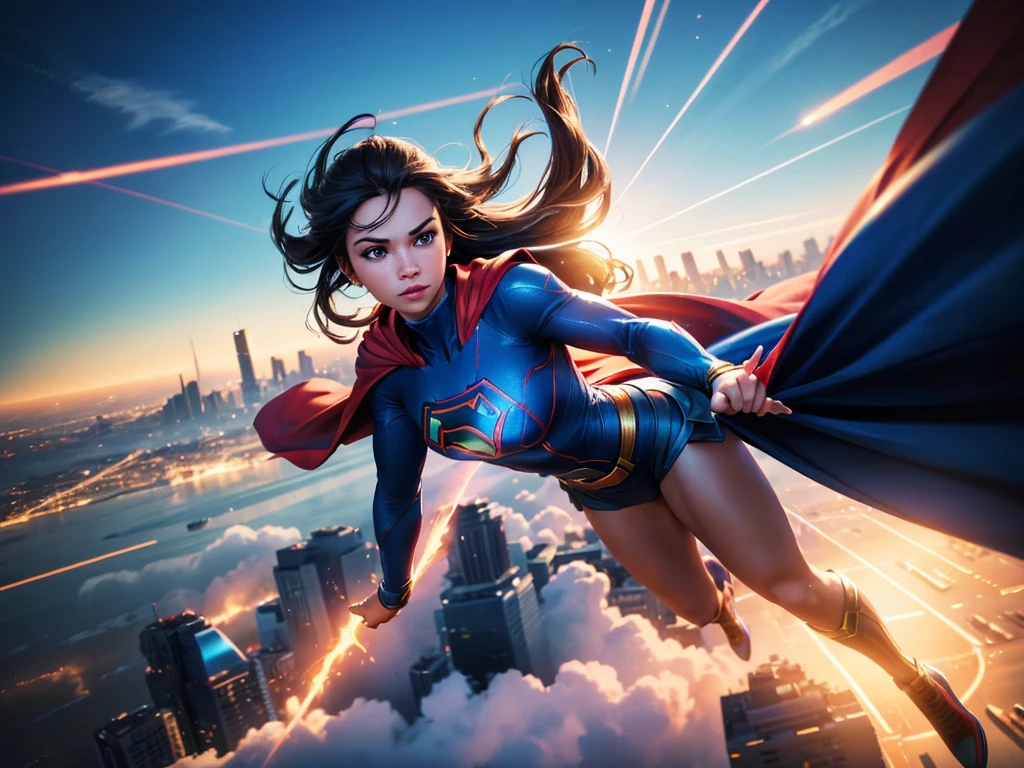 (best quality,4k,8k,highres,masterpiece:1.2),ultra-detailed,(realistic,photorealistic,photo-realistic:1.37),supergirl flying through the sky with motion blur, vibrant colors, dynamic lighting, 3D rendered artwork, vividly painted, superhero, cape flowing in the wind, powerful stance, cityscape backdrop, intense blue skies, motion trails, soaring high above the buildings, speeding towards a distant horizon, dramatic perspective, heroic silhouette, glowing energy radiating from her hands, determination in her eyes, focused expression, optimistic and invincible.