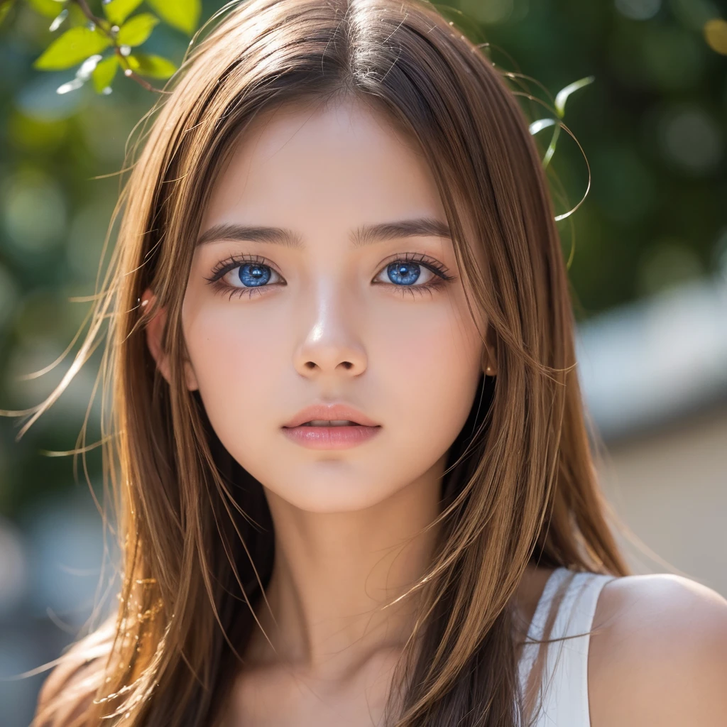 enfoque facial, loco por el amor, 14 years old , vestido de verano con volantes, Chica escandinava rubia extremadamente hermosa, Absolutamente hermoso, beautiful shiny super long hair, liso, rubio y sedoso、flequillo rubio encima de los ojos、pelo rubio encima de un ojo、rubia entre los ojos、Hay un escote en el pecho., arm behind head, Bajo contraste, (shy and bright look:0.8), coletero para el cabello, mejor calidad, Ultra high resolution, foto realista, super detailed, 8k, foto cruda, perfect anatomy、muy hermoso, brillante, Ojos grandes de color azul claro muy brillantes.、ojos muy grandes、small face beauty