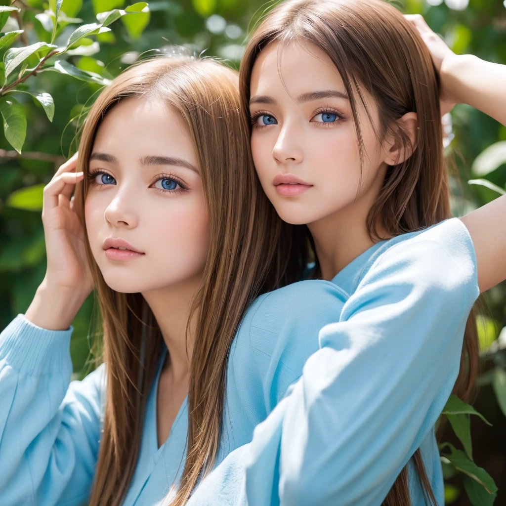 enfoque facial, loco por el amor, 14 years old , vestido de verano con volantes, Chica escandinava rubia extremadamente hermosa, Absolutamente hermoso, beautiful shiny super long hair, liso, rubio y sedoso、flequillo rubio encima de los ojos、pelo rubio encima de un ojo、rubia entre los ojos、Hay un escote en el pecho., arm behind head, Bajo contraste, (shy and bright look:0.8), coletero para el cabello, mejor calidad, Ultra high resolution, foto realista, super detailed, 8k, foto cruda, perfect anatomy、muy hermoso, brillante, Ojos grandes de color azul claro muy brillantes.、ojos muy grandes、small face beauty