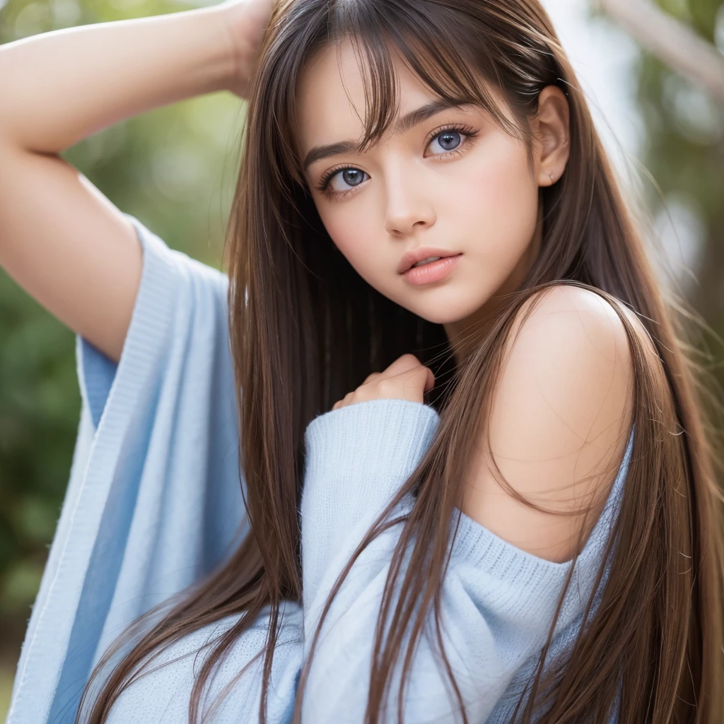 enfoque facial, loco por el amor, 14 years old , vestido de verano con volantes, Chica escandinava rubia extremadamente hermosa, Absolutamente hermoso, beautiful shiny super long hair, liso, rubio y sedoso、flequillo rubio encima de los ojos、pelo rubio encima de un ojo、rubia entre los ojos、Hay un escote en el pecho., arm behind head, Bajo contraste, (shy and bright look:0.8), coletero para el cabello, mejor calidad, Ultra high resolution, foto realista, super detailed, 8k, foto cruda, perfect ???????、muy hermoso, brillante, Ojos grandes de color azul claro muy brillantes.、ojos muy grandes、small face beauty