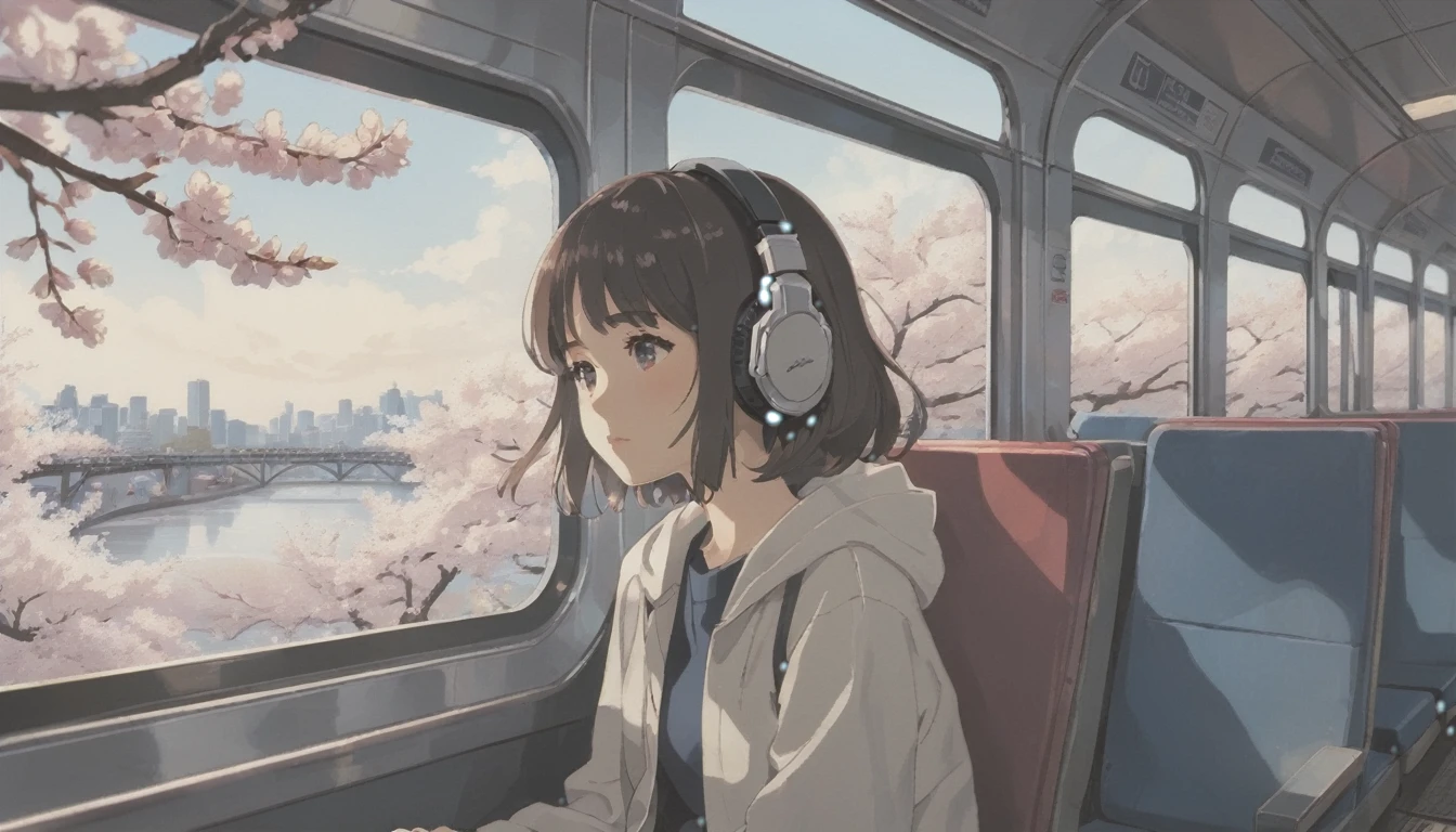 wideshot,old cartoon,on the train,woman listening to music,1 headphones,very detailed, supreme detail,lo-fi hip-hop,anime texture,solo,picture,gaze out at the outside,ultra-detailed,(best quality,4k,8k,highres,masterpiece:1.2),realistic,photorealistic:1.37,cell-shaded style,pastel color palette,soft lighting, A view of cherry blossoms in full bloom
