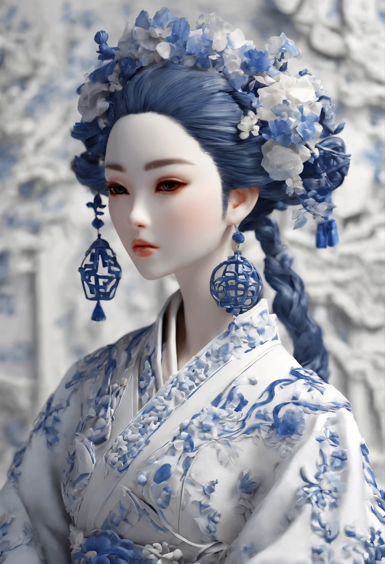 Blue and white porcelain,Ceramic Chinese style doll,clothes,woman,Petal relief on body,artwork,decoration, High Detail,3D, Chiaroscuro, Movie Lighting, Divine Light, Movie Lighting, Ultra HD, High Detail, best quality, high resolution, textured skin,White hair,Ceramic Hair