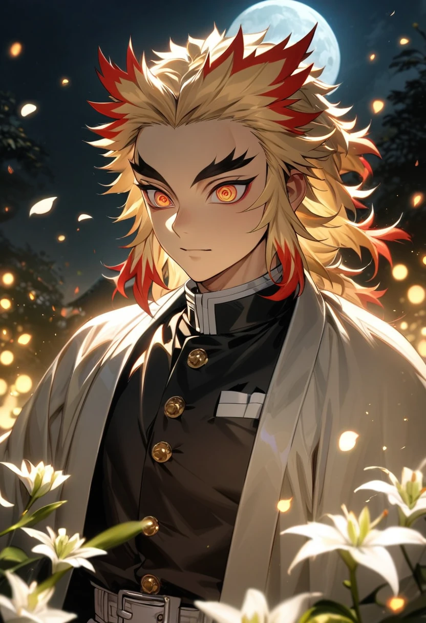 absurdres, highres, ultra detailed, HDR, master piece, best quality, Rengoku Kyojuro, blond hair, expressive orange eyes, Kimetsu No Yaiba, 1man, handsome, demon slayer uniform, petals, white lilies, moon, fireflies