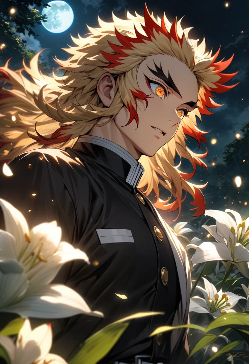 absurdres, highres, ultra detailed, HDR, master piece, best quality, Rengoku Kyojuro, blond hair, expressive orange eyes, Kimetsu No Yaiba, 1man, handsome, demon slayer uniform, petals, white lilies, moon, fireflies