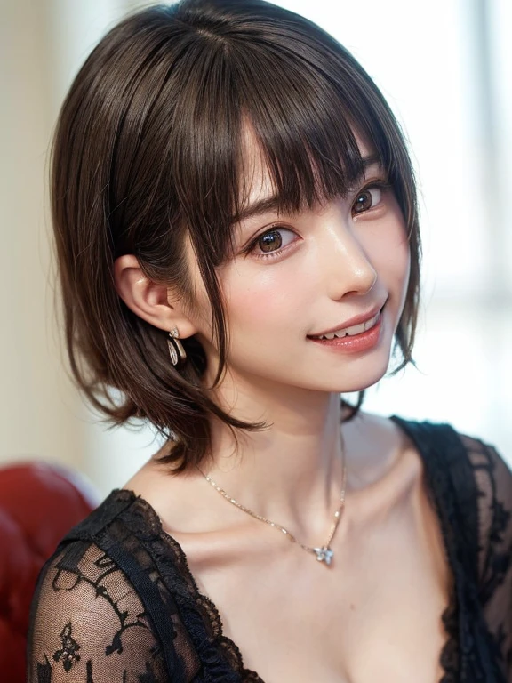 ((masterpiece, best quality)),1 girl, Solitary,have, hyper Practical, Practical,Practical, Looking at the audience, Very light brown eyes:1.6,Highly detailed shiny short bob hairstyle for brunettes:1.6, Brightly colored winter clothes, Lips, Bangs,Shut up, Upper Body、big eyes、eyelash、({巨Large target|Large target|巨Large targetな|mega} Chest:2, cleveage:2)、(((Bangsのあるショートヘア:1.6、short hair:1.6、big eyes、A highlight for students、large full Chest、Look at the audience、she is very beautiful and cute、Let me see your ears、long neck、Please shut your mouth and smile、beautiful teeth、Bangs:1.6)))、Ideal body proportions、(Very simple red background:1.8)
