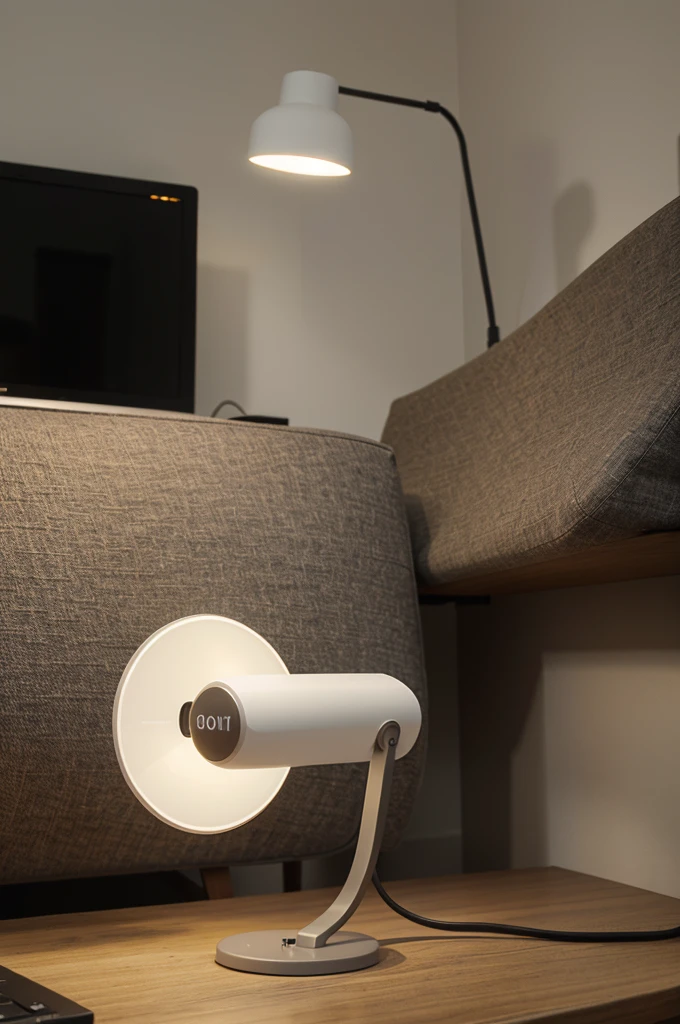 Desk lamp that works through sensors or voice commands, that has a place to charge a phone with USB
