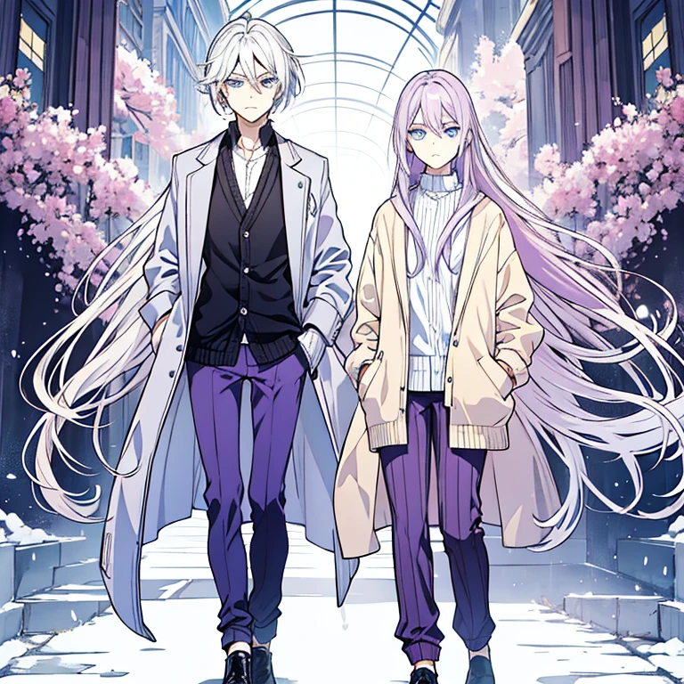 Androgynous guy with very long lilac hair and amber eyes looking unimpressed. He's wearing a soft blue cardigan and casual pants.